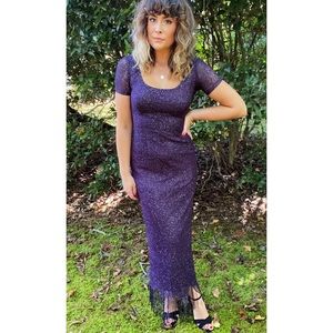 Dark Purple Metallic Thread Fringe Maxi Dress